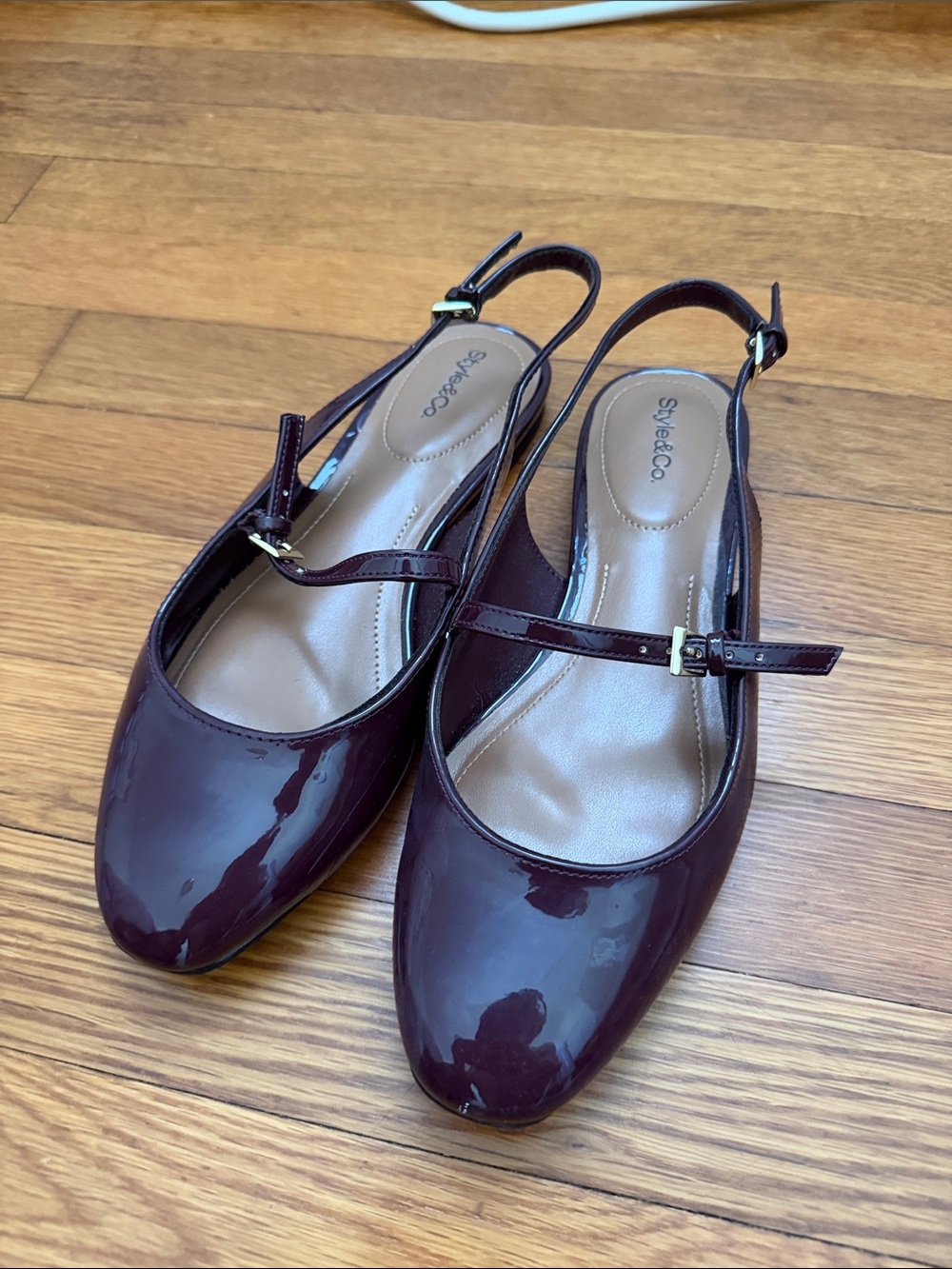 Style & Co. Women's Burgundy Patent Slingback Flats with Ankle Strap